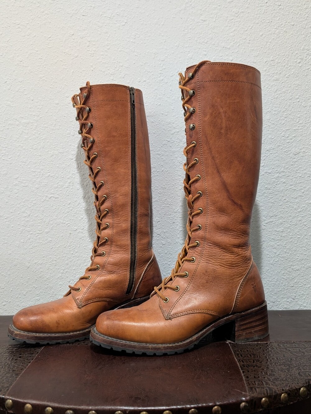 Frye Campus Lug Tall Lace Up Boots – Cognac Leather – Size 9 - Picture 3 of 16